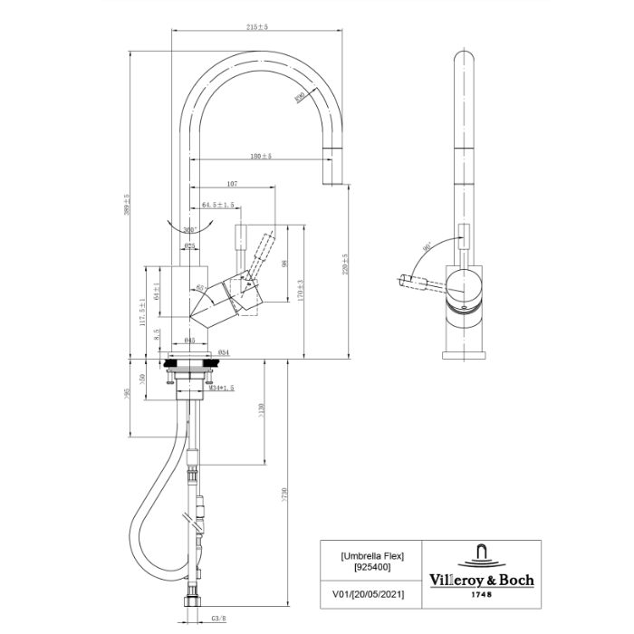 Villeroy & Boch Umbrella Flex Kitchen Faucet Polished Stainless Steel